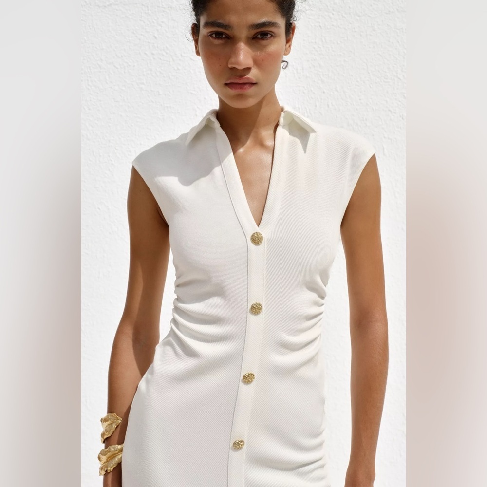 Zara Pique Midi Dress Oyster White Sleeveless Gold Buttons Stretchy V Neck NWT S